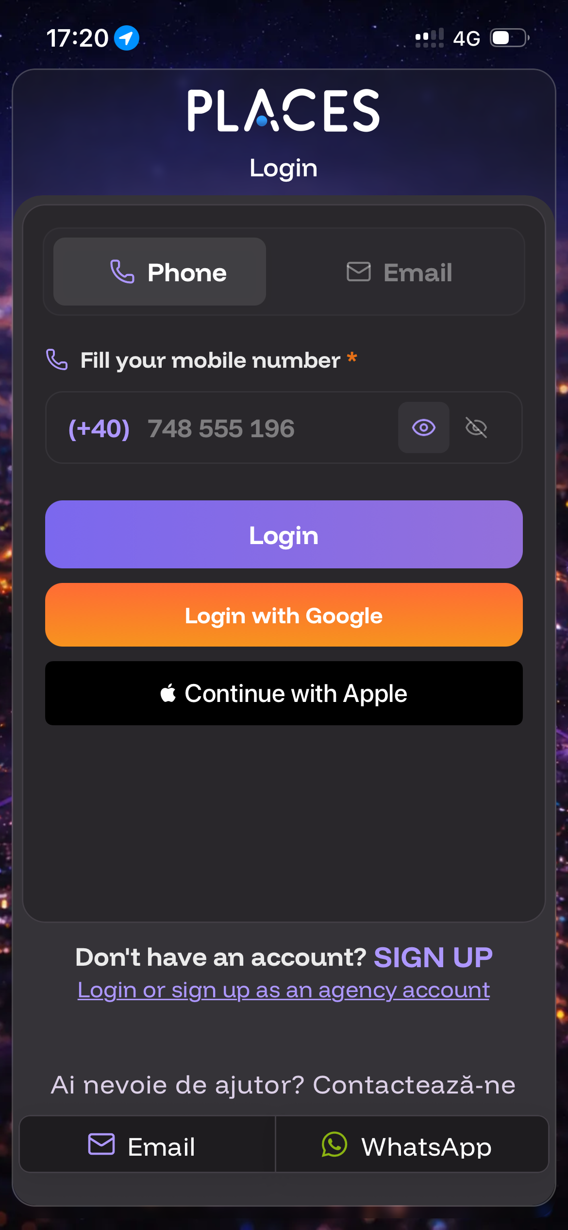 Places login with phone, email, Google and Apple