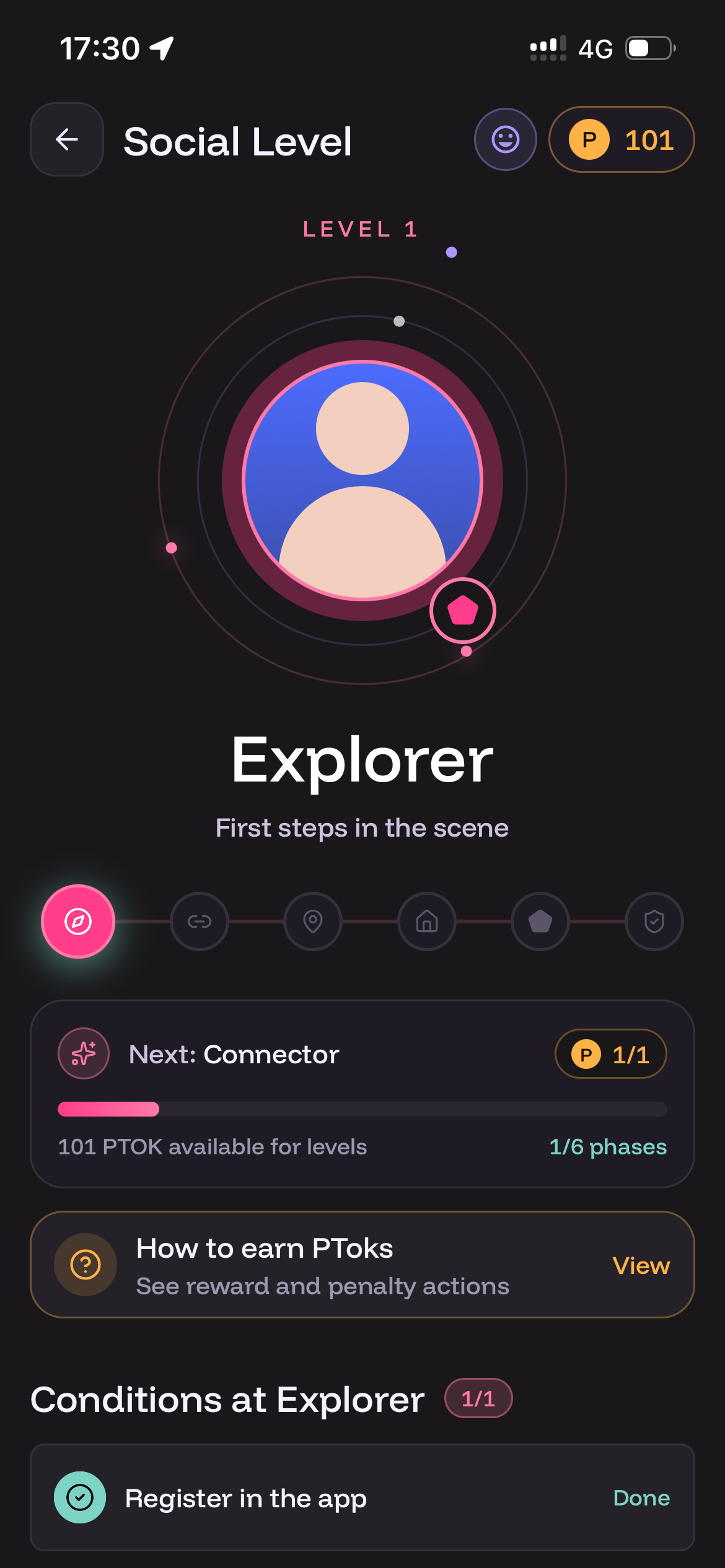 Places Social Level showing Explorer and progress toward Connector